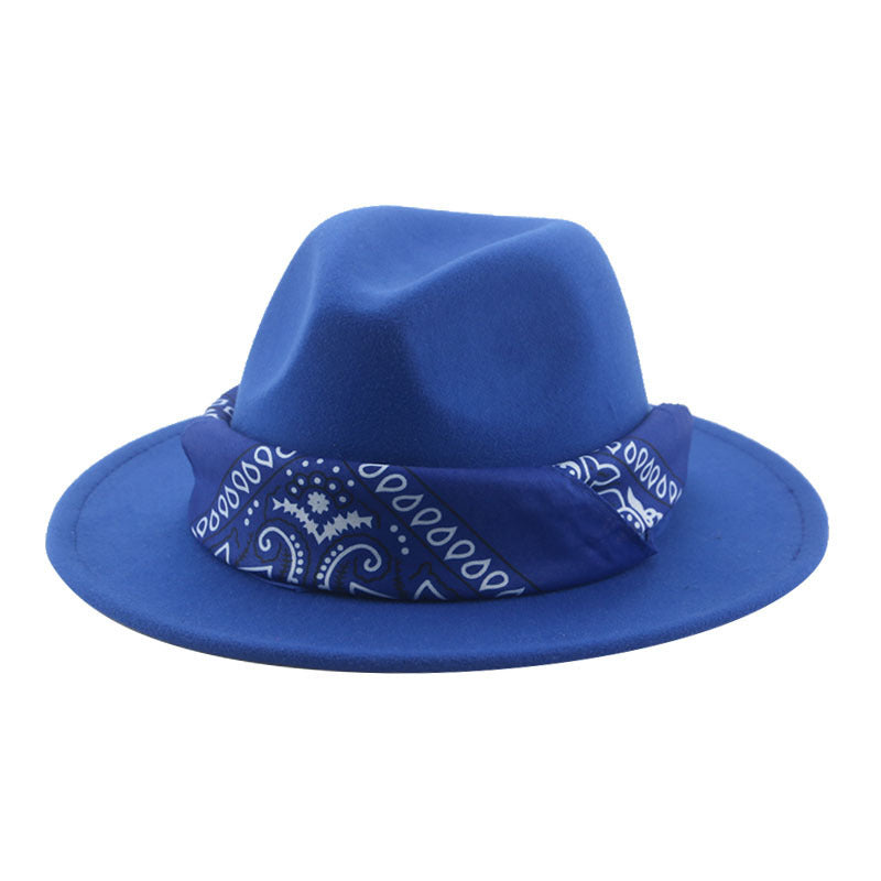 Paisley Ribbon Wide Brim Woolen Top Hat Felt Cowboy Hat