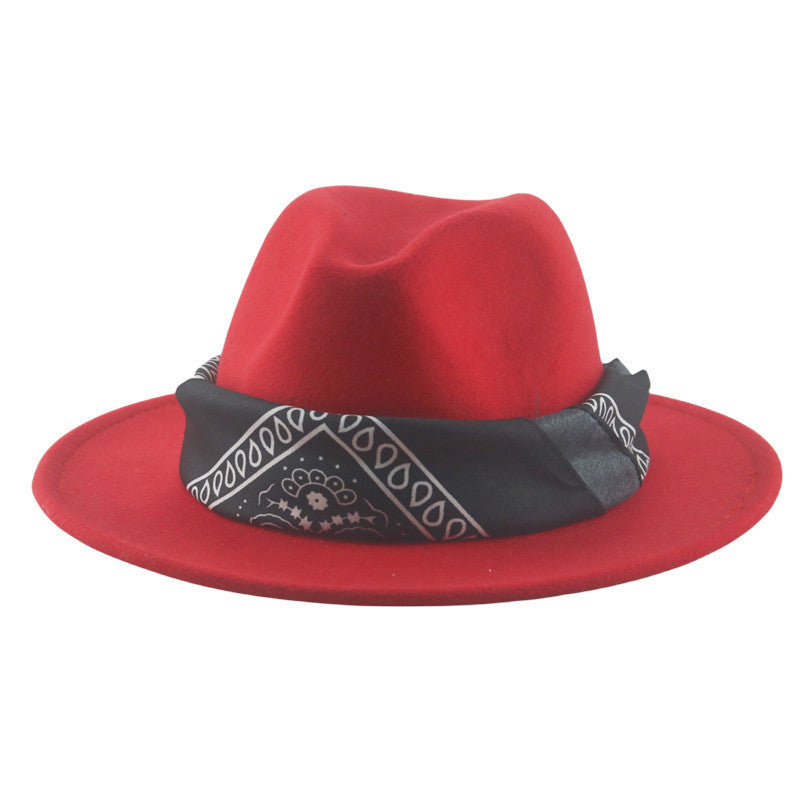 Paisley Ribbon Wide Brim Woolen Top Hat Felt Cowboy Hat
