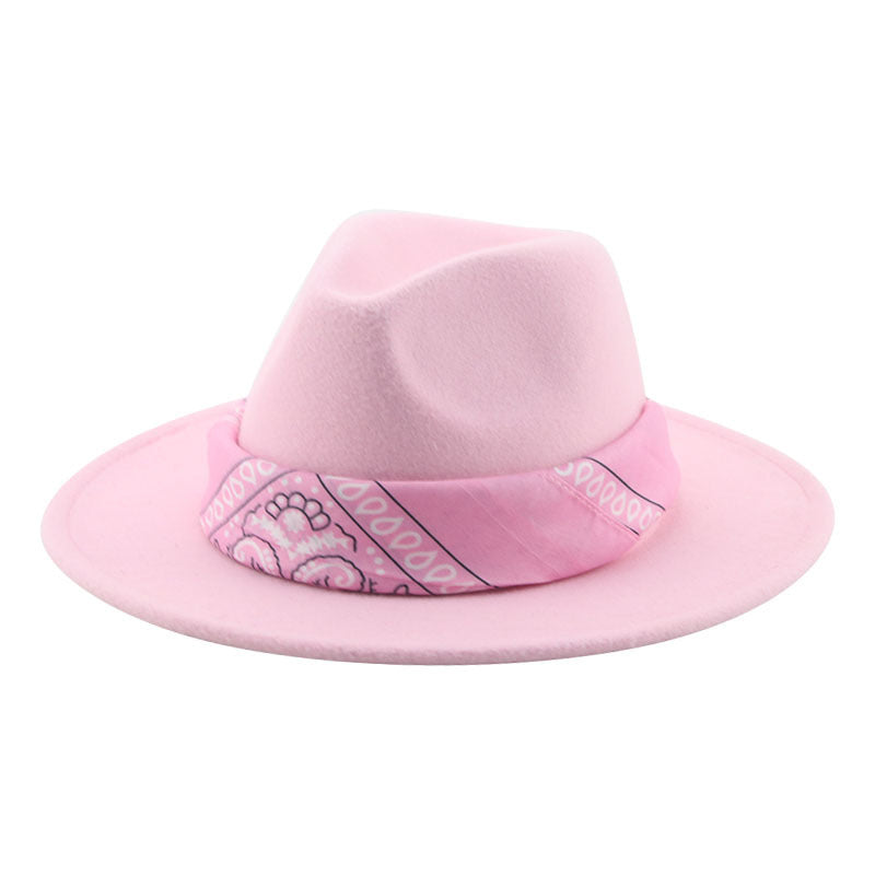 Paisley Ribbon Wide Brim Woolen Top Hat Felt Cowboy Hat