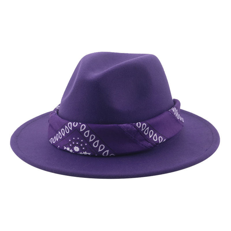 Paisley Ribbon Wide Brim Woolen Top Hat Felt Cowboy Hat