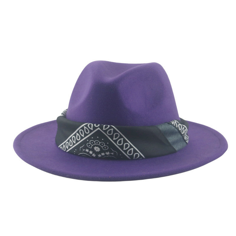 Paisley Ribbon Wide Brim Woolen Top Hat Felt Cowboy Hat