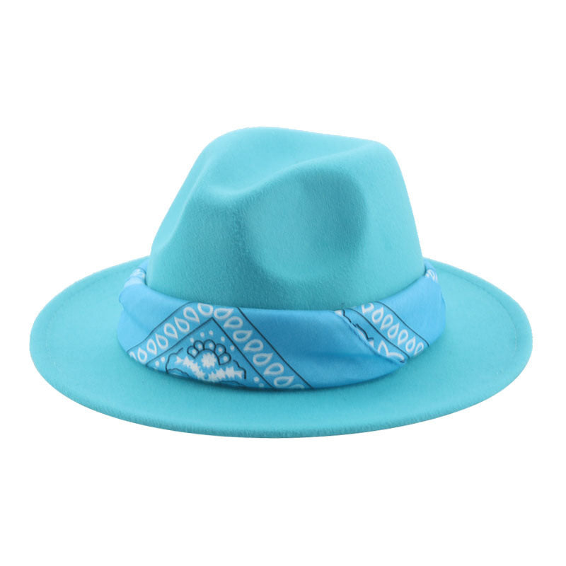 Paisley Ribbon Wide Brim Woolen Top Hat Felt Cowboy Hat