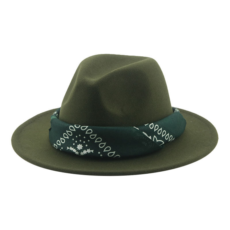 Paisley Ribbon Wide Brim Woolen Top Hat Felt Cowboy Hat