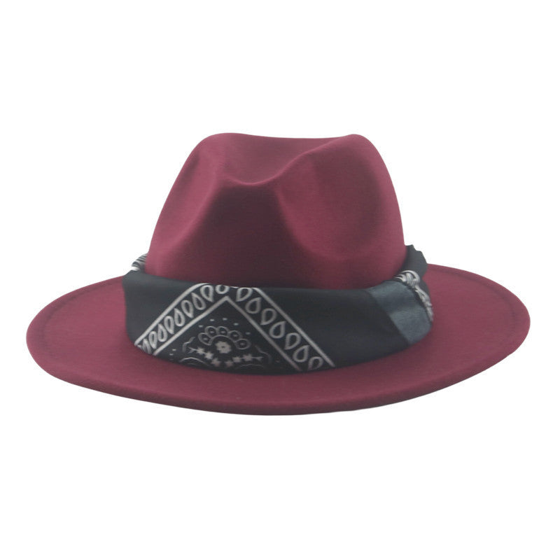 Paisley Ribbon Wide Brim Woolen Top Hat Felt Cowboy Hat