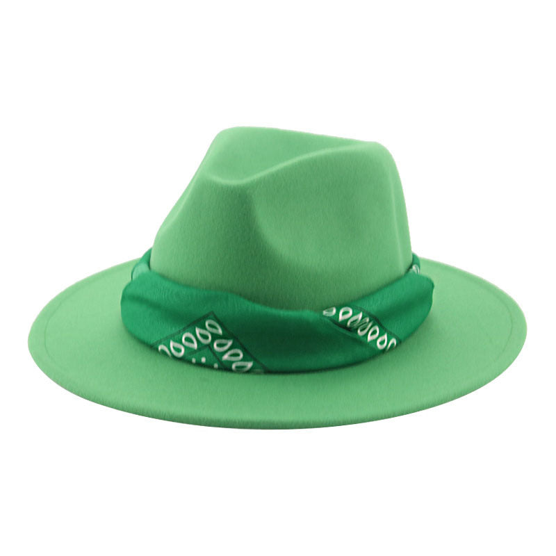 Paisley Ribbon Wide Brim Woolen Top Hat Felt Cowboy Hat