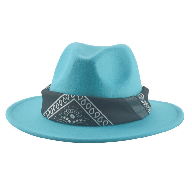 Paisley Ribbon Wide Brim Woolen Top Hat Felt Cowboy Hat