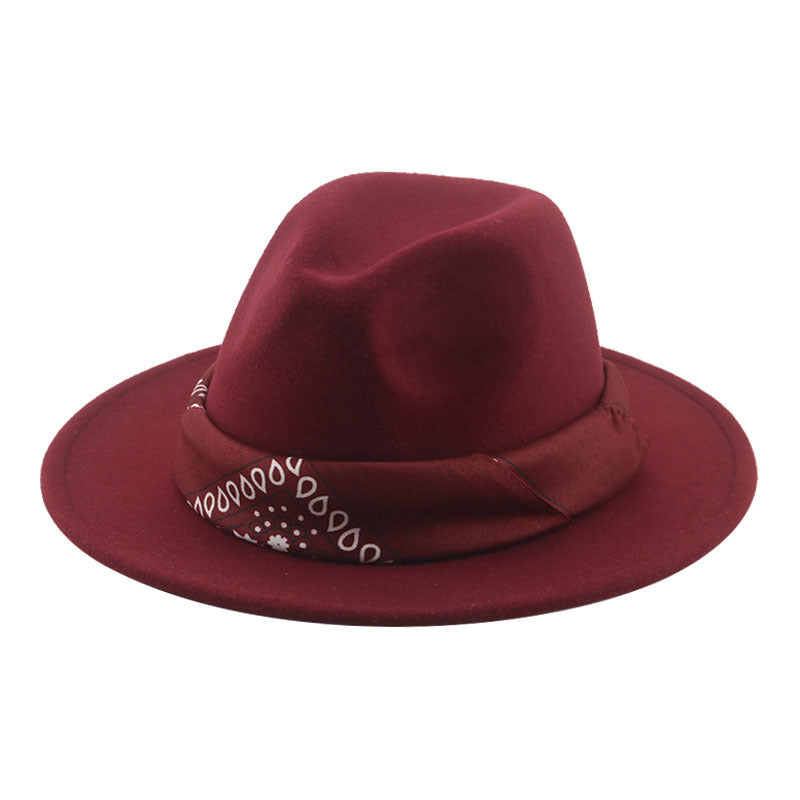 Paisley Ribbon Wide Brim Woolen Top Hat Felt Cowboy Hat