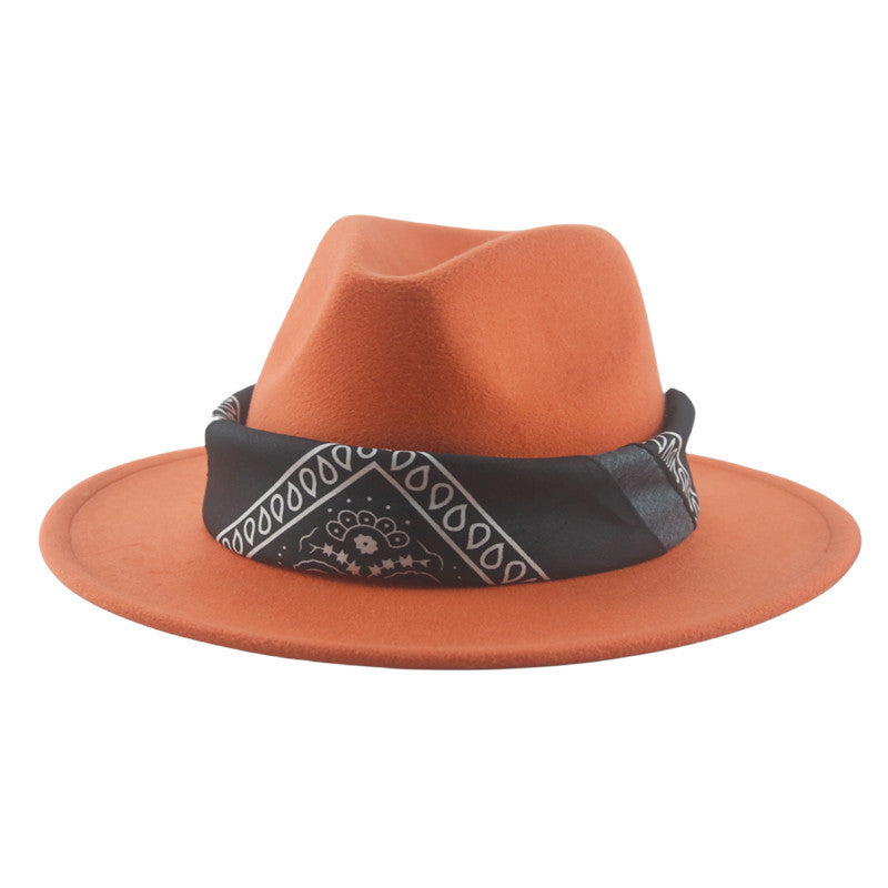 Paisley Ribbon Wide Brim Woolen Top Hat Felt Cowboy Hat