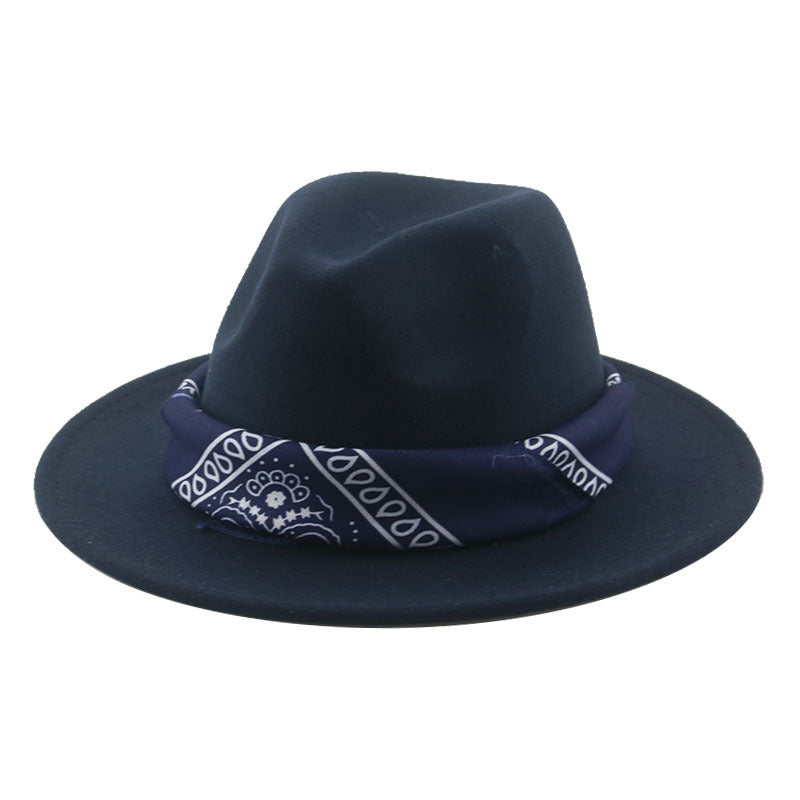 Paisley Ribbon Wide Brim Woolen Top Hat Felt Cowboy Hat