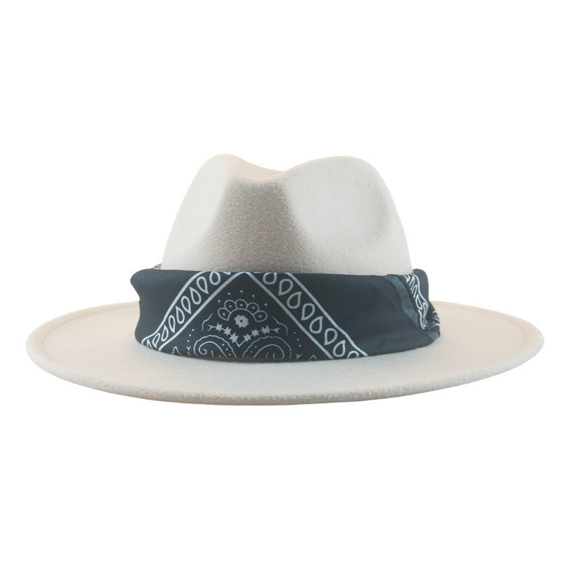 Paisley Ribbon Wide Brim Woolen Top Hat Felt Cowboy Hat
