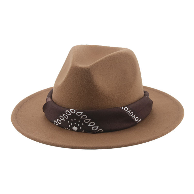 Paisley Ribbon Wide Brim Woolen Top Hat Felt Cowboy Hat