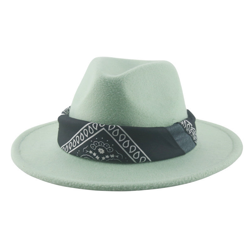 Paisley Ribbon Wide Brim Woolen Top Hat Felt Cowboy Hat
