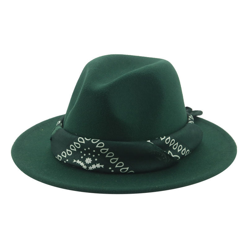 Paisley Ribbon Wide Brim Woolen Top Hat Felt Cowboy Hat