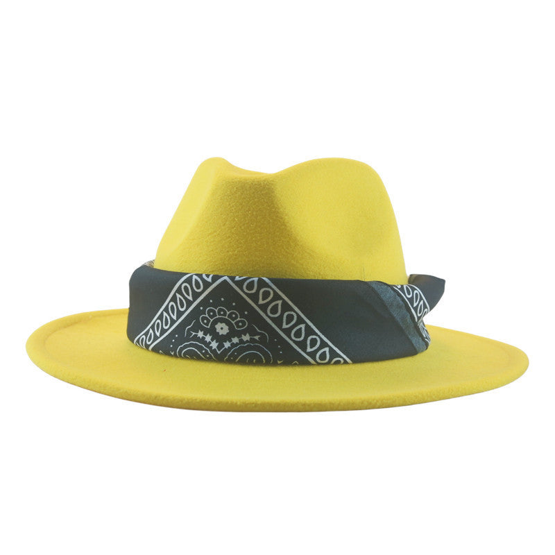 Paisley Ribbon Wide Brim Woolen Top Hat Felt Cowboy Hat