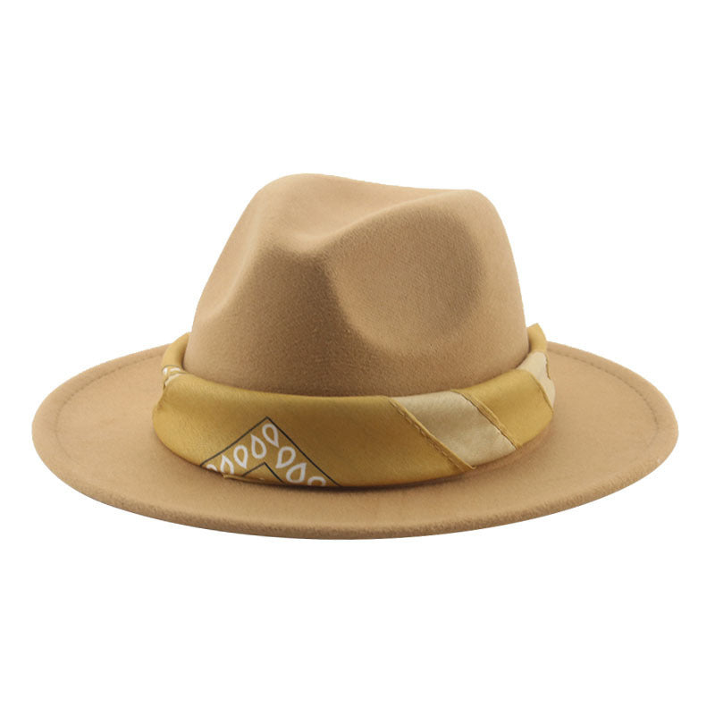 Paisley Ribbon Wide Brim Woolen Top Hat Felt Cowboy Hat
