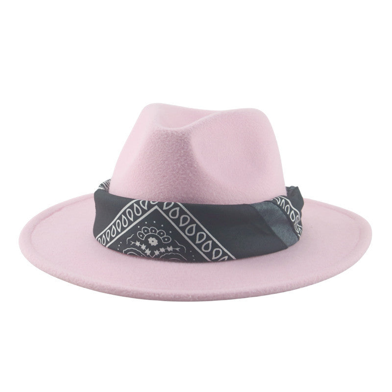 Paisley Ribbon Wide Brim Woolen Top Hat Felt Cowboy Hat
