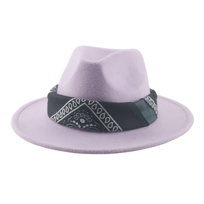 Paisley Ribbon Wide Brim Woolen Top Hat Felt Cowboy Hat