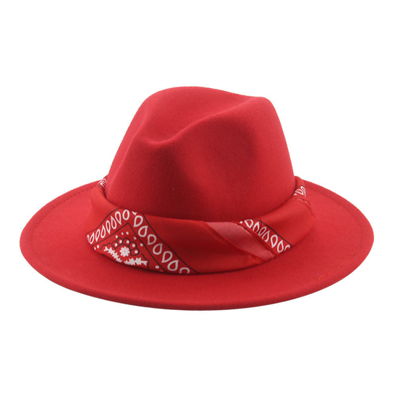 Paisley Ribbon Wide Brim Woolen Top Hat Felt Cowboy Hat