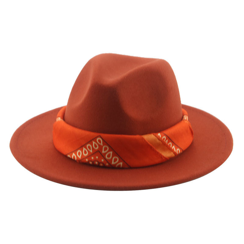 Paisley Ribbon Wide Brim Woolen Top Hat Felt Cowboy Hat