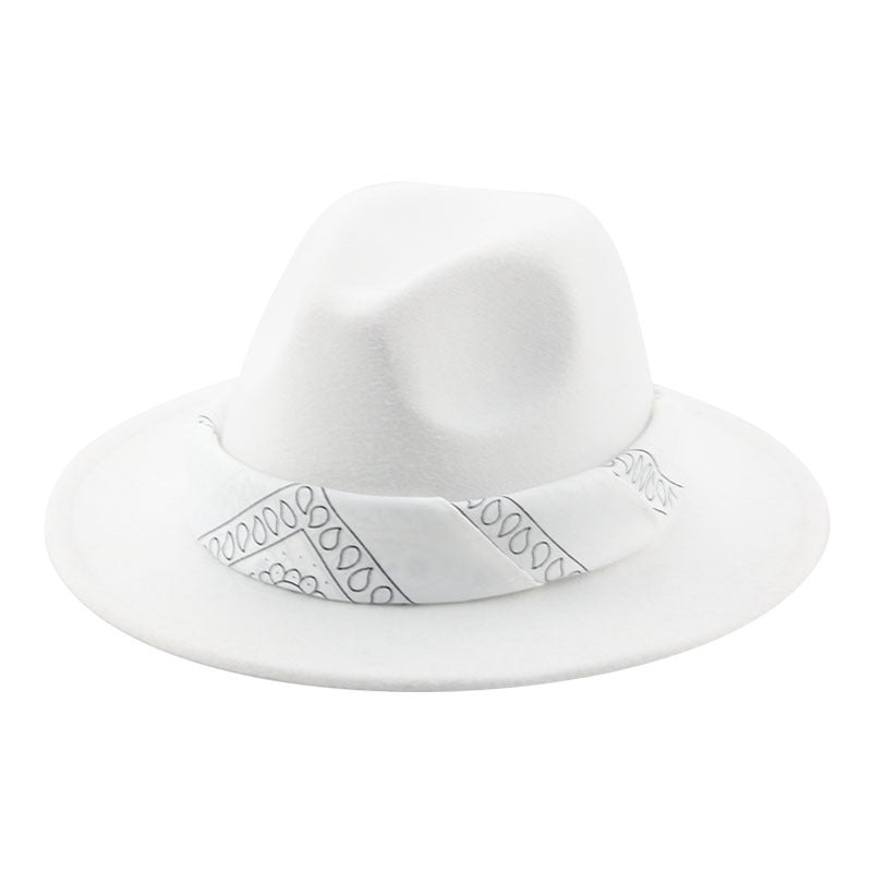 Paisley Ribbon Wide Brim Woolen Top Hat Felt Cowboy Hat