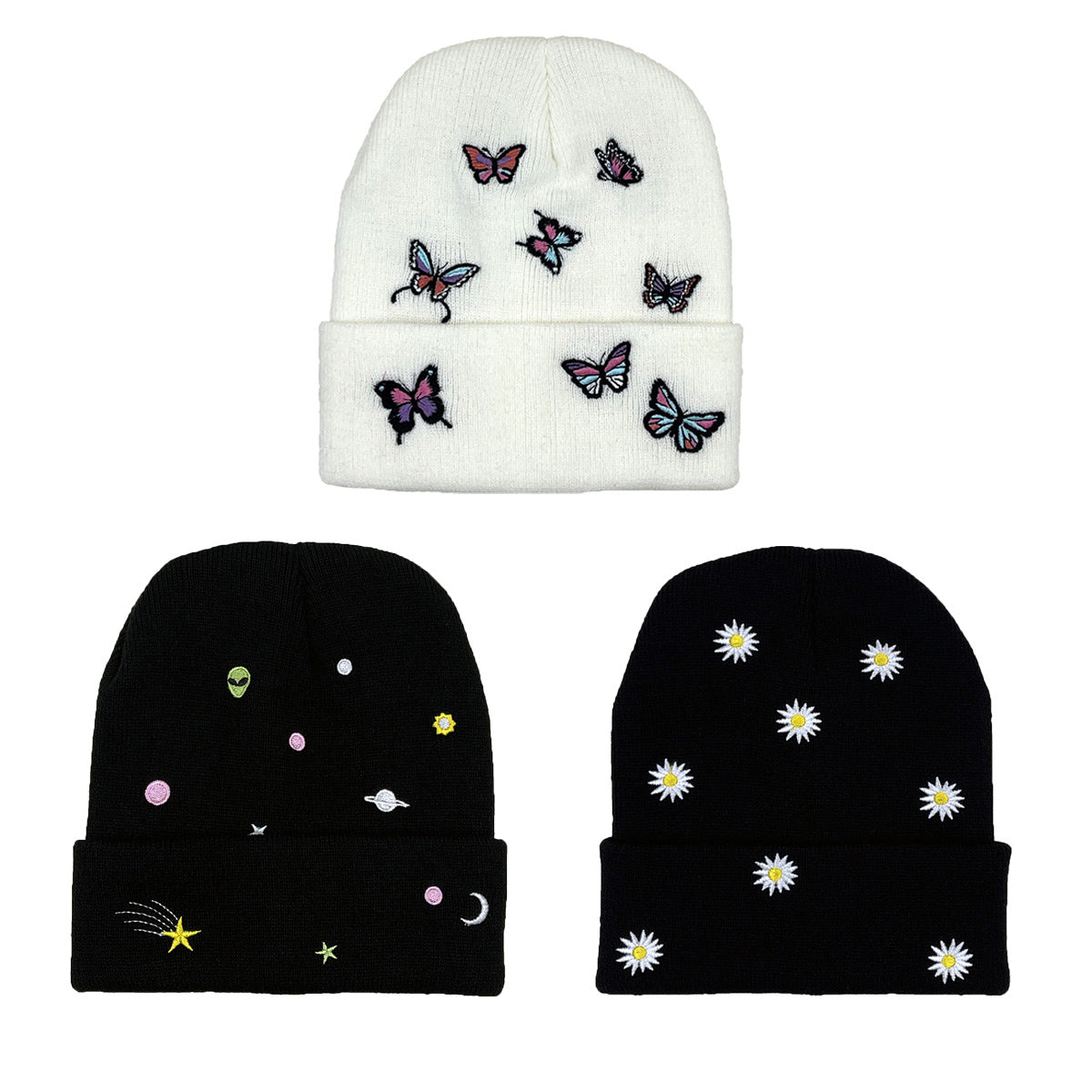Butterfly Alien Daisy Embroidery Warm Knitted Hat Men And Women