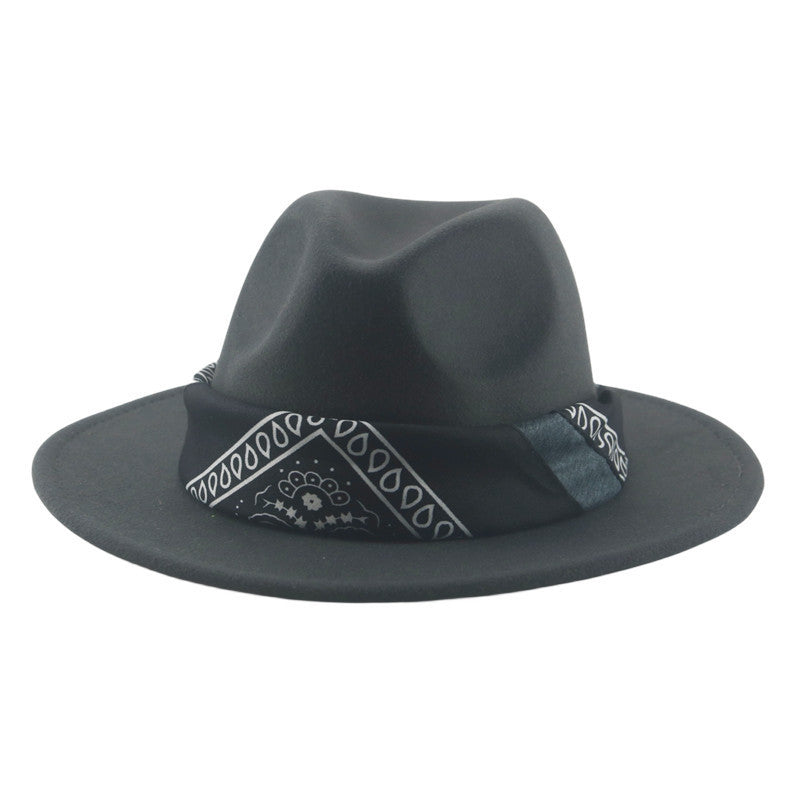 Paisley Ribbon Wide Brim Woolen Top Hat Felt Cowboy Hat