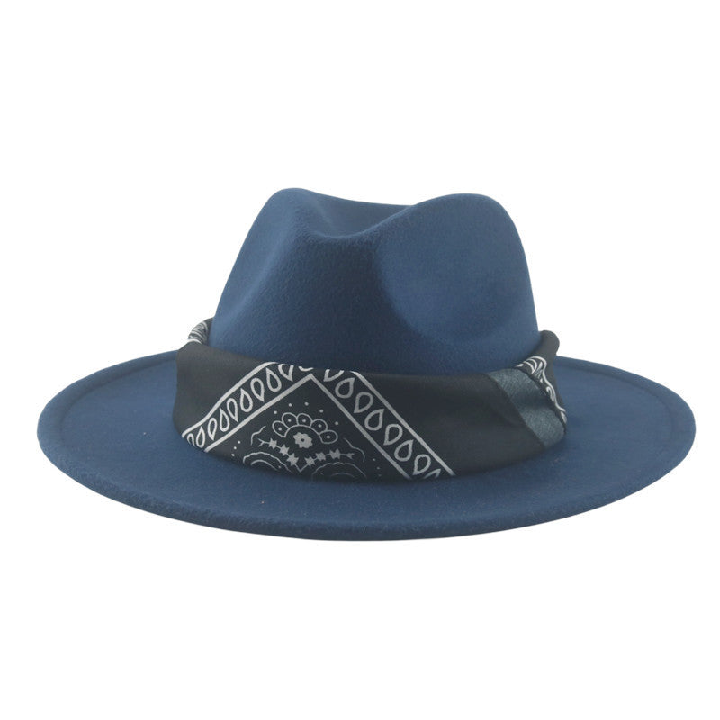 Paisley Ribbon Wide Brim Woolen Top Hat Felt Cowboy Hat