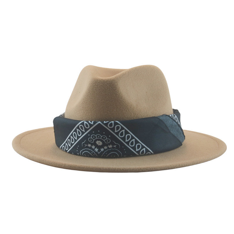 Paisley Ribbon Wide Brim Woolen Top Hat Felt Cowboy Hat