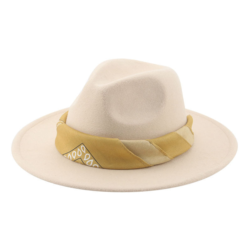 Paisley Ribbon Wide Brim Woolen Top Hat Felt Cowboy Hat