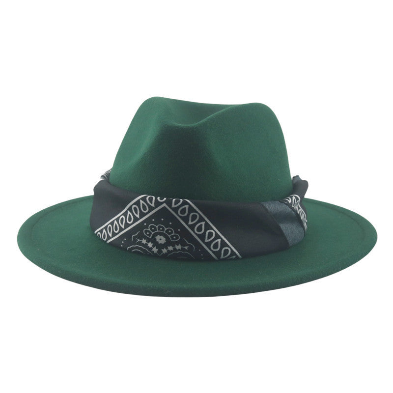 Paisley Ribbon Wide Brim Woolen Top Hat Felt Cowboy Hat