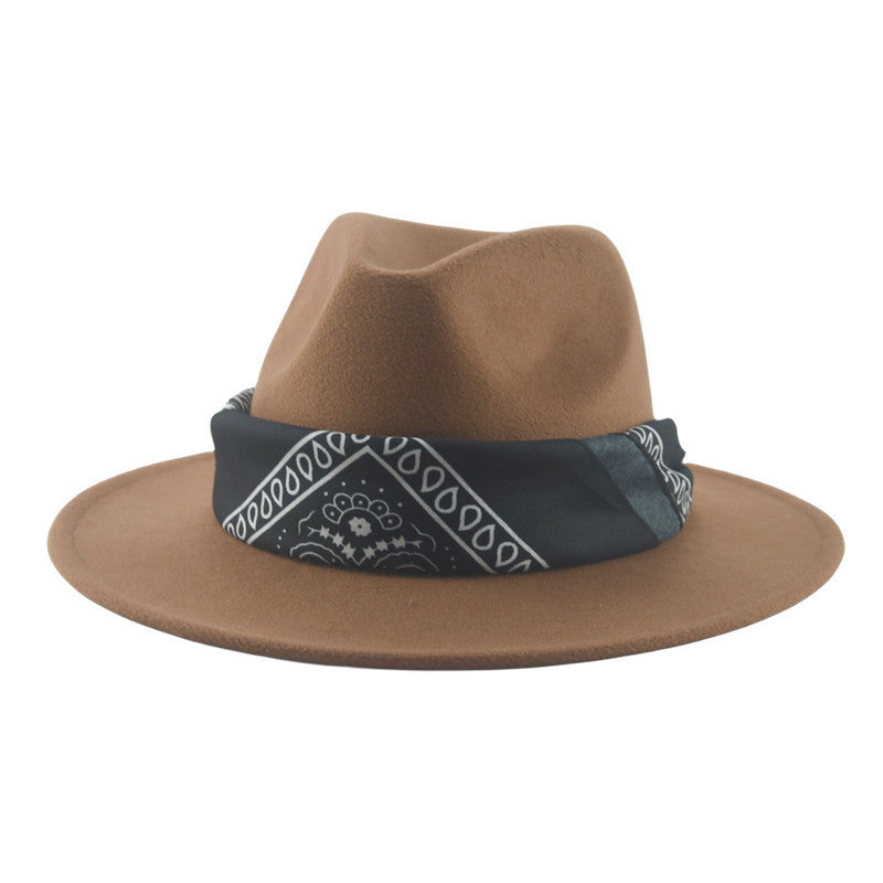 Paisley Ribbon Wide Brim Woolen Top Hat Felt Cowboy Hat
