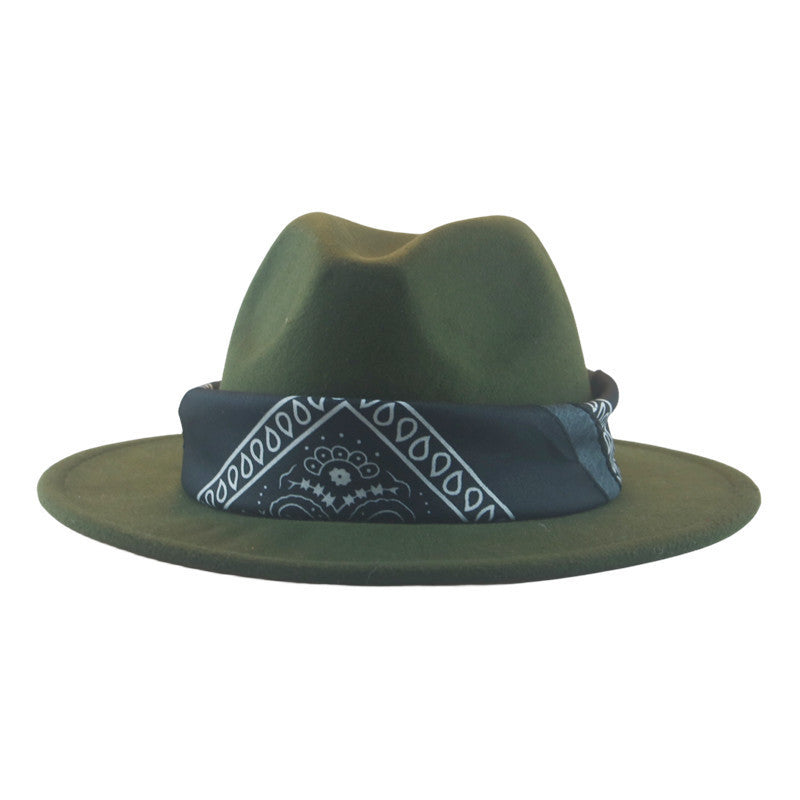 Paisley Ribbon Wide Brim Woolen Top Hat Felt Cowboy Hat