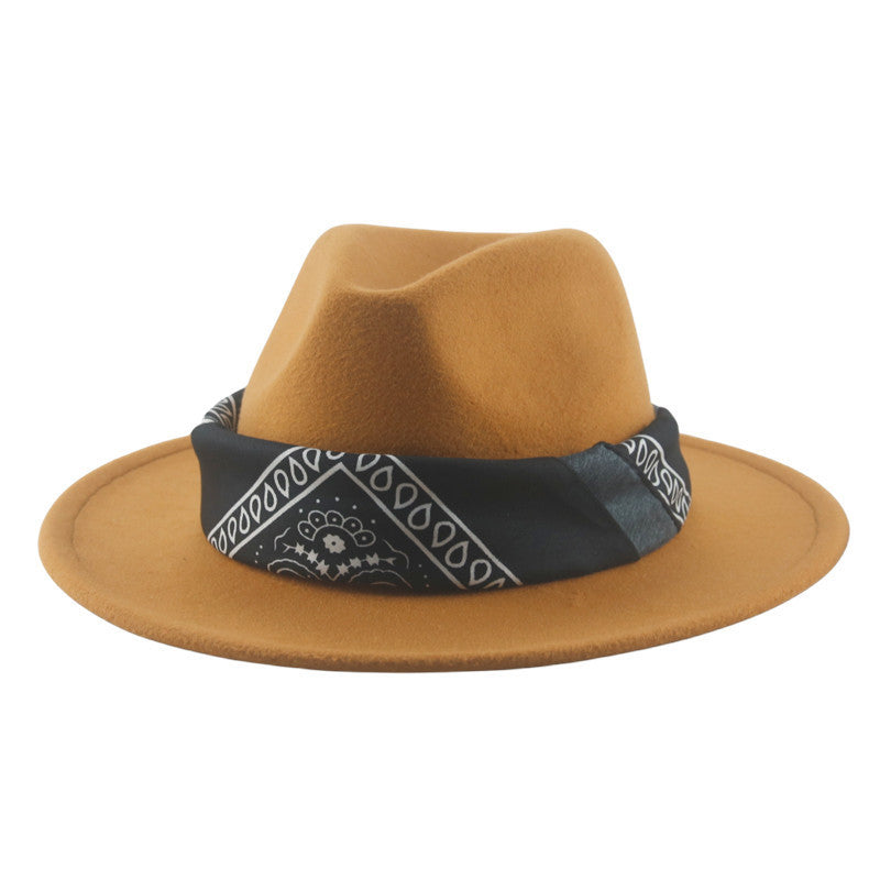 Paisley Ribbon Wide Brim Woolen Top Hat Felt Cowboy Hat