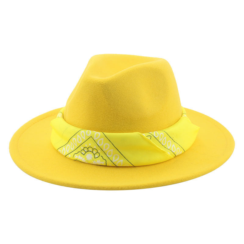 Paisley Ribbon Wide Brim Woolen Top Hat Felt Cowboy Hat