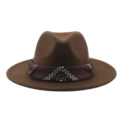 Paisley Ribbon Wide Brim Woolen Top Hat Felt Cowboy Hat