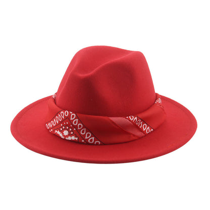 Paisley Ribbon Wide Brim Woolen Top Hat Felt Cowboy Hat