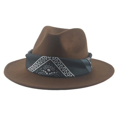 Paisley Ribbon Wide Brim Woolen Top Hat Felt Cowboy Hat