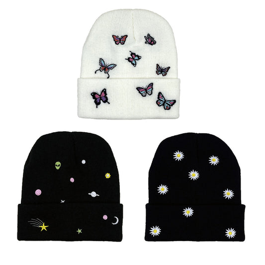 Butterfly Alien Daisy Embroidery Warm Knitted Hat Men And Women